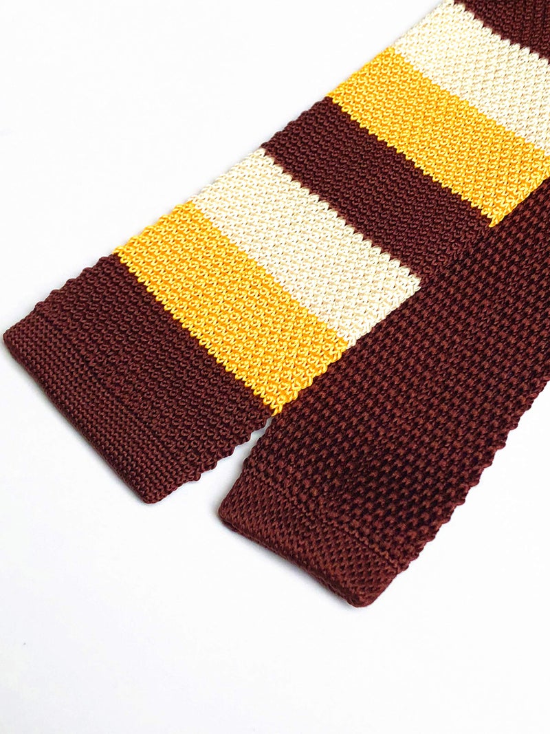 Elfeves Men's Yellow Brown Jacquard Silk Ties Vintage Knit Skinny Designed Designer Necktie For Wedding Business - Image 3